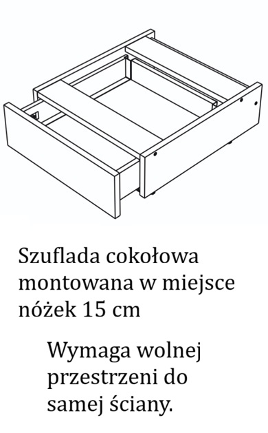 Szuflada ukryta w cokole szafki zamiast n&oacute;żek, wymaga zastosowania n&oacute;żek 15cm w kuchni
